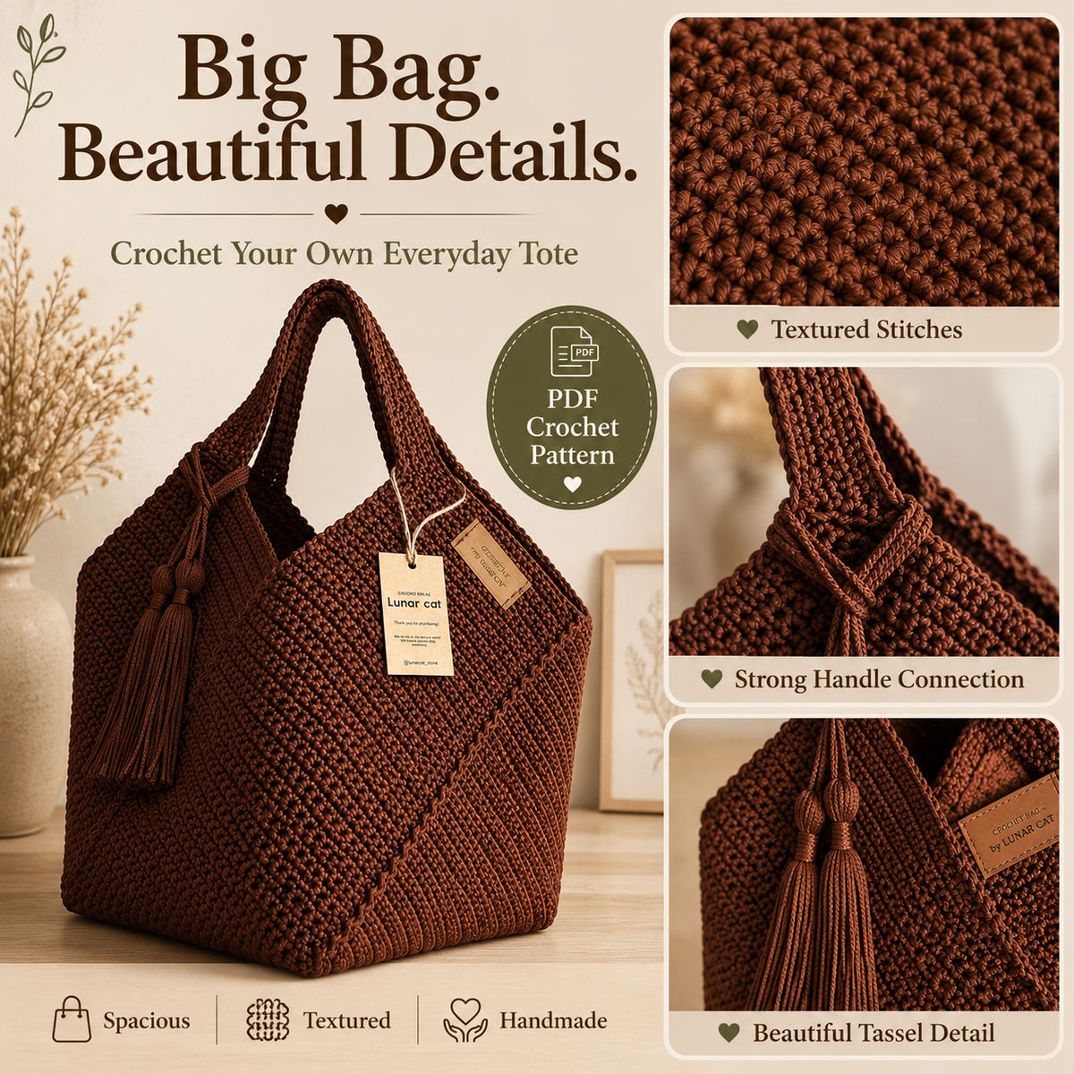 Close-ups of brown crochet tote stitches, handles and tassel