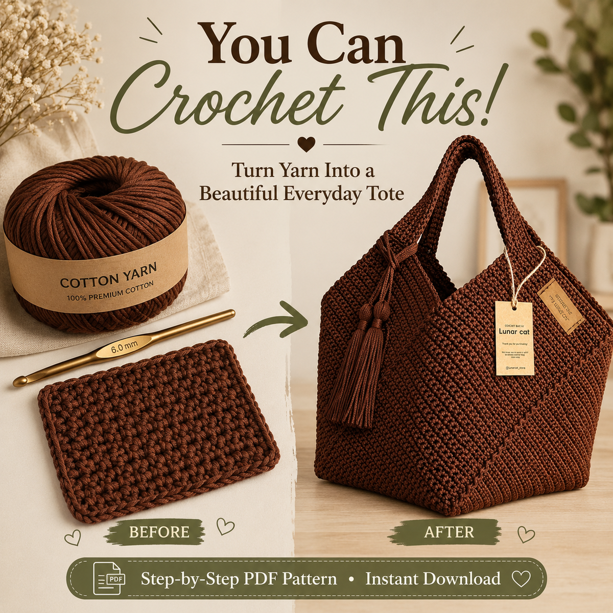 Brown yarn and a textured crochet tote shown together