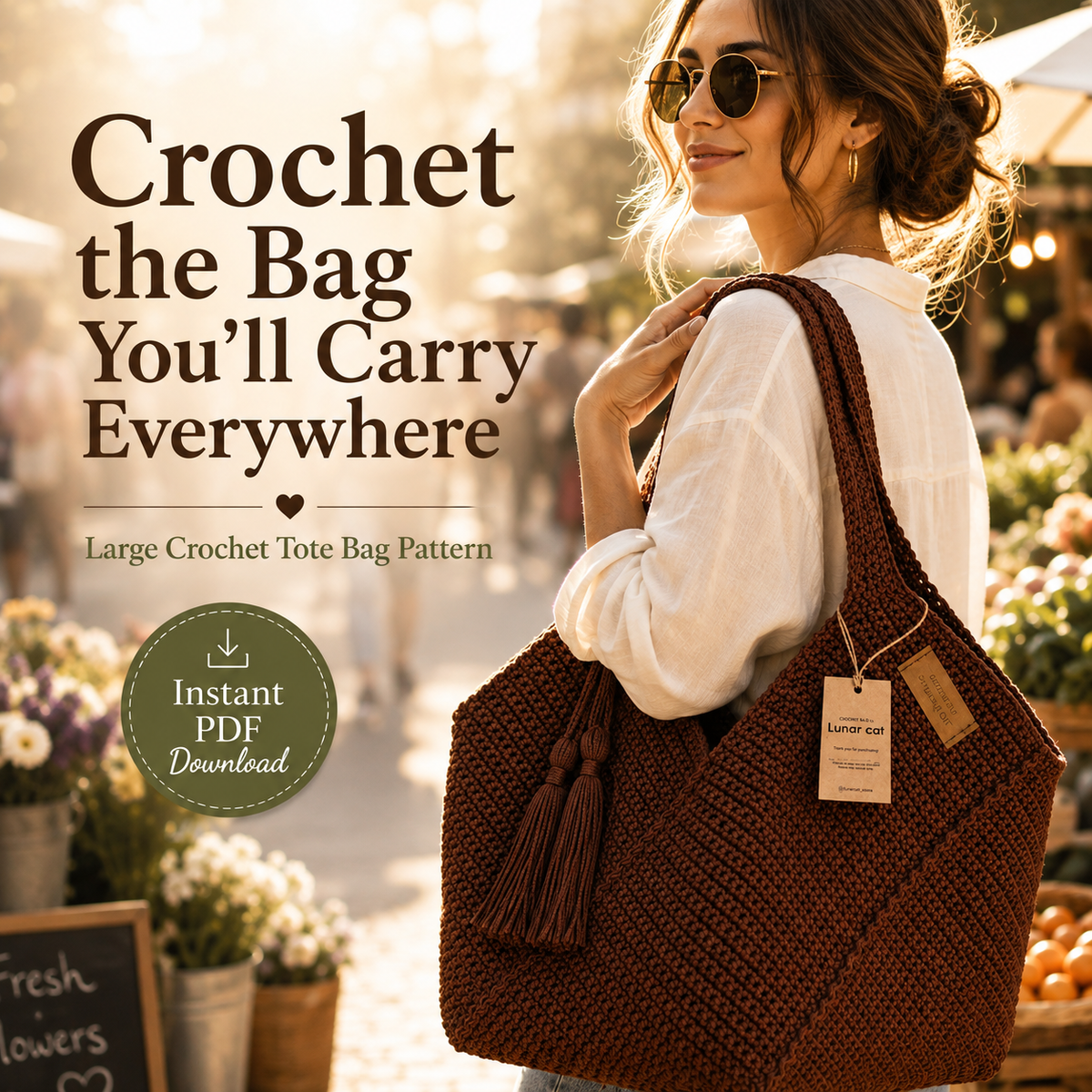 Brown crochet tote bag carried over a shoulder