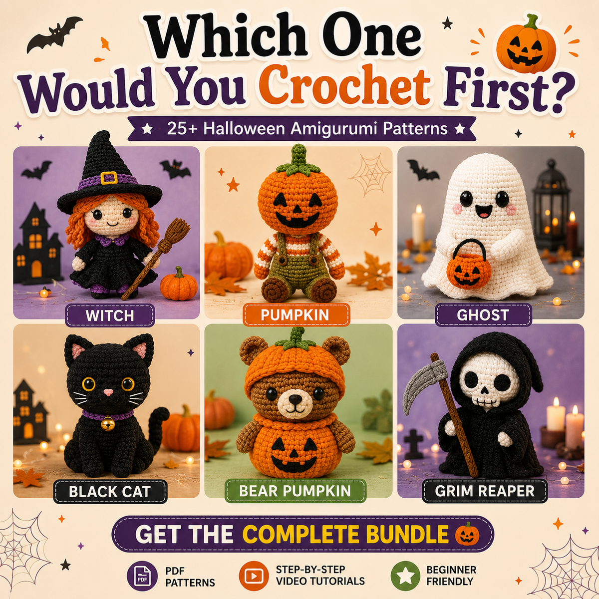 Six Halloween crochet character examples on a pattern selection graphic