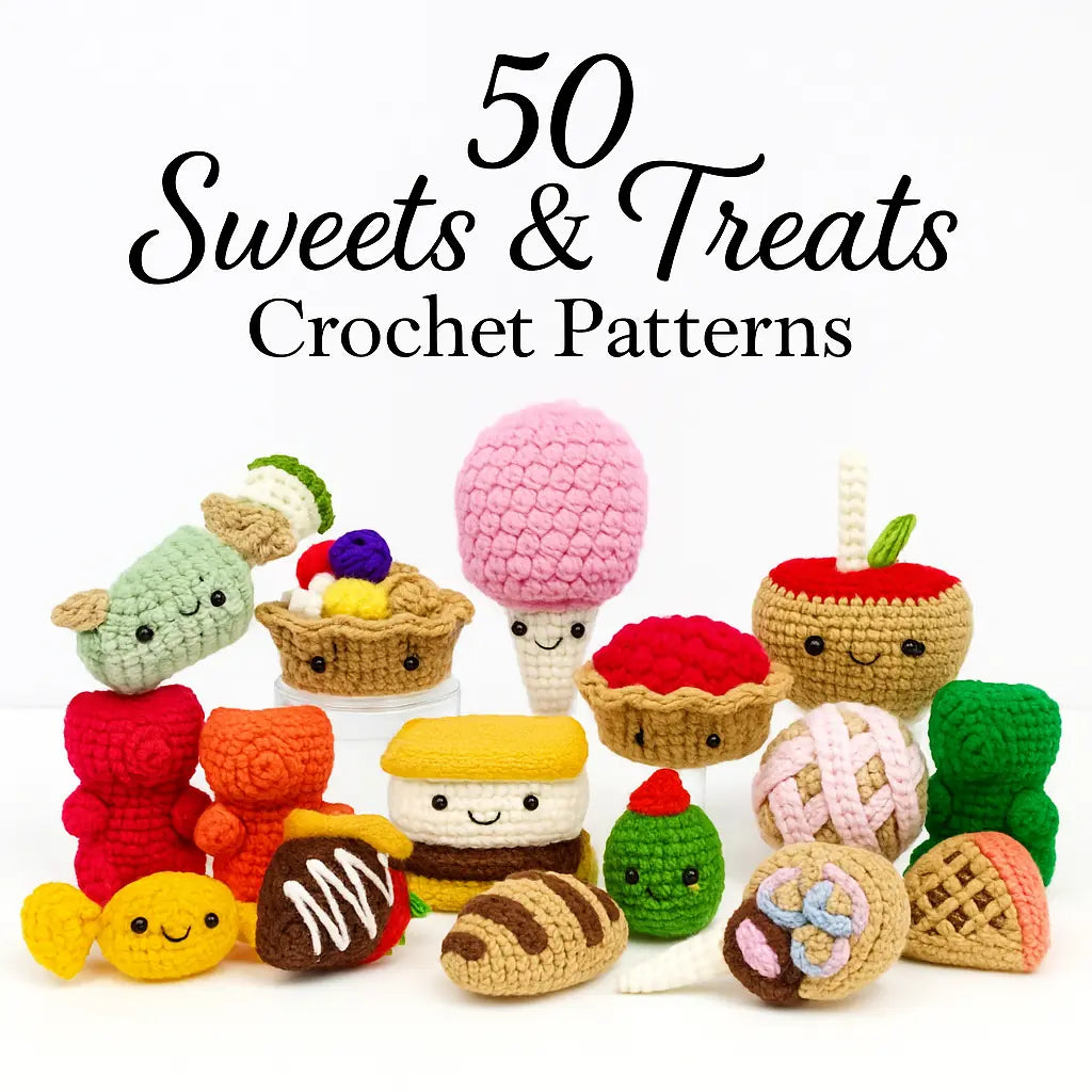 Crochet sweets and treats arranged on the pattern bundle cover