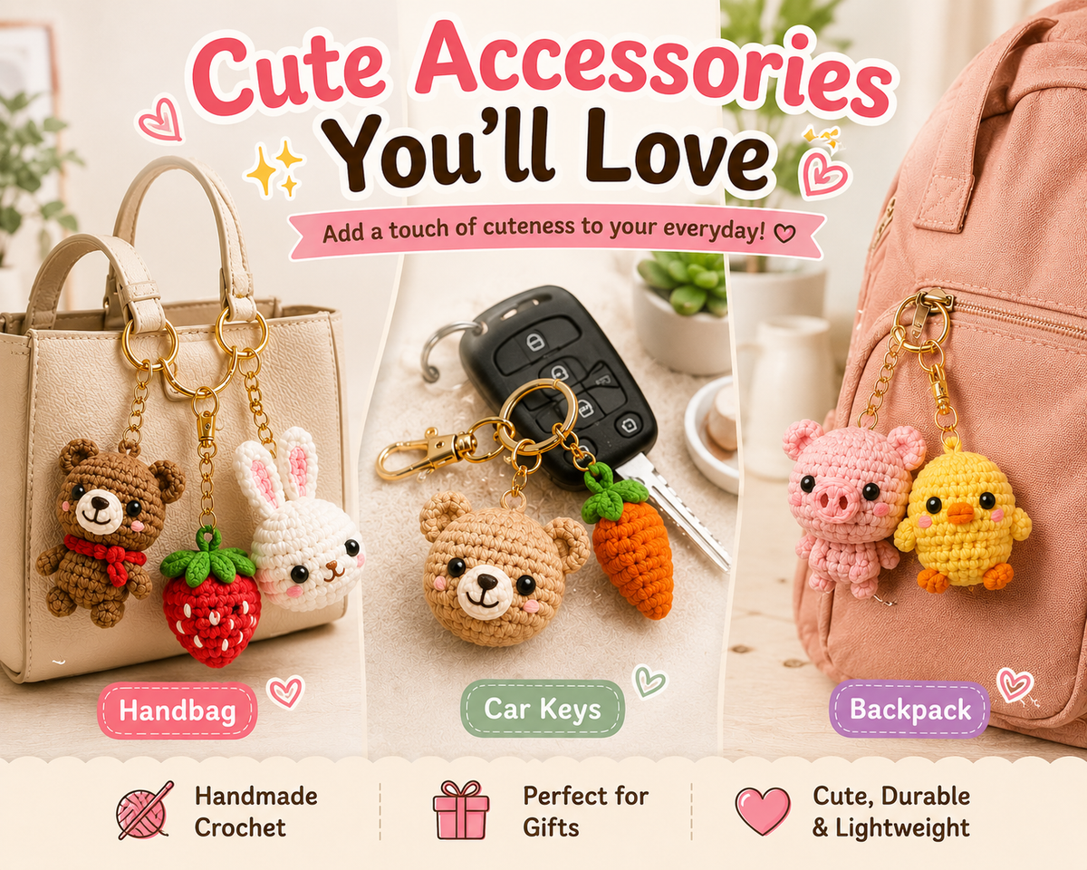 Crochet charms attached to a handbag, keys and backpack