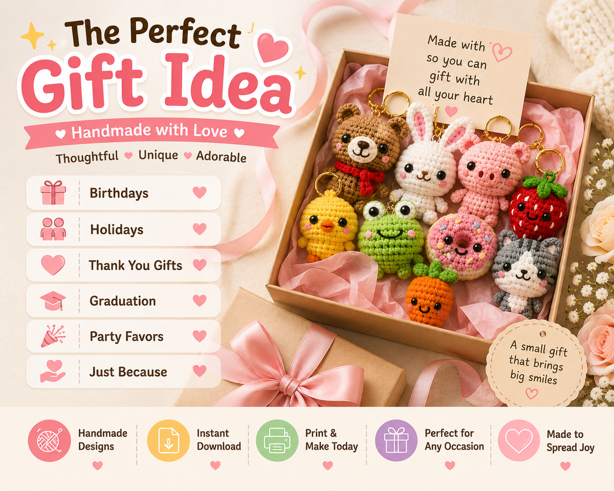 Animal and fruit crochet keychains arranged in a gift box