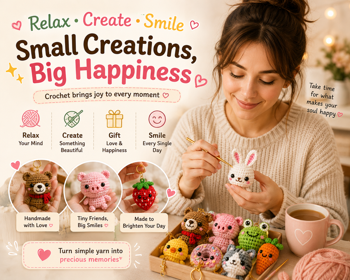 Maker crocheting beside small animal and food charms