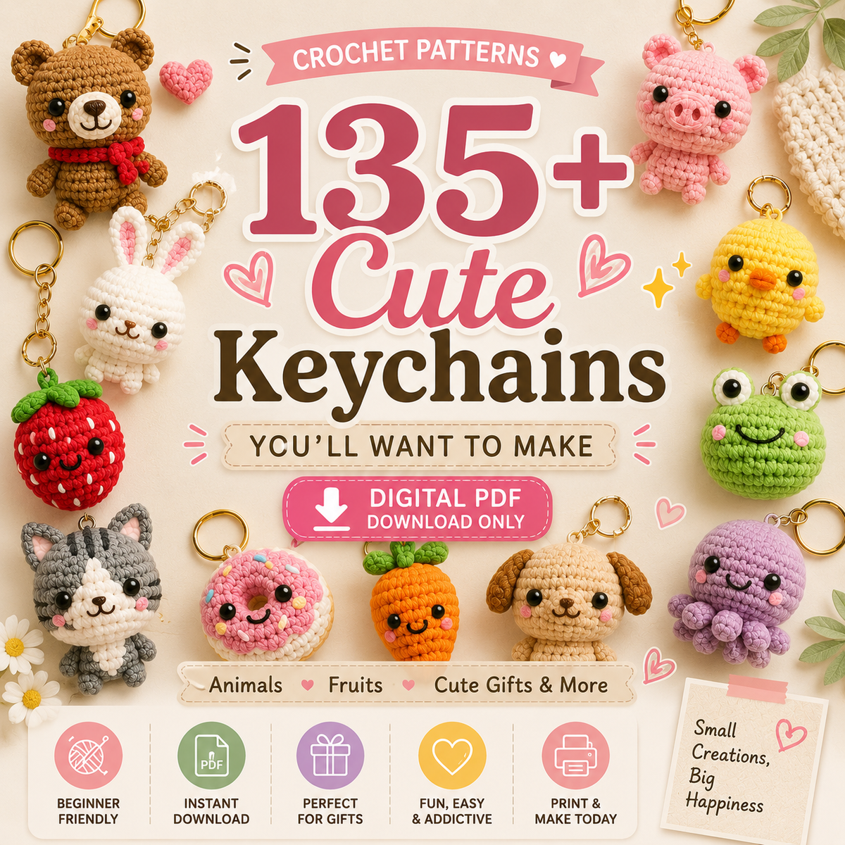 Crochet keychain PDF pattern cover with animal and fruit designs