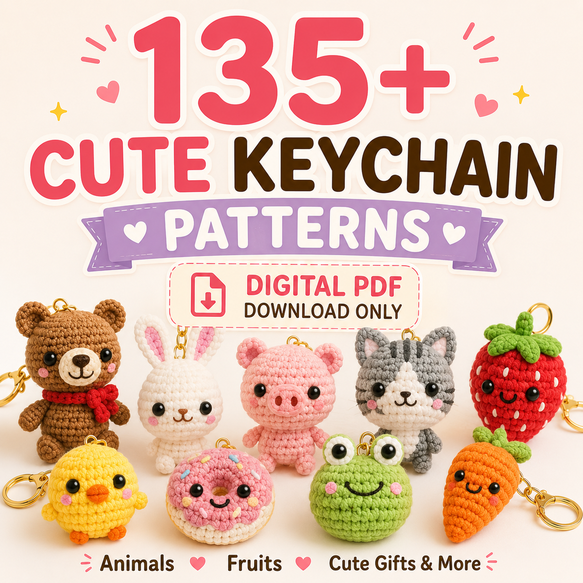 Amigurumi keychain pattern bundle cover with animal and fruit charms