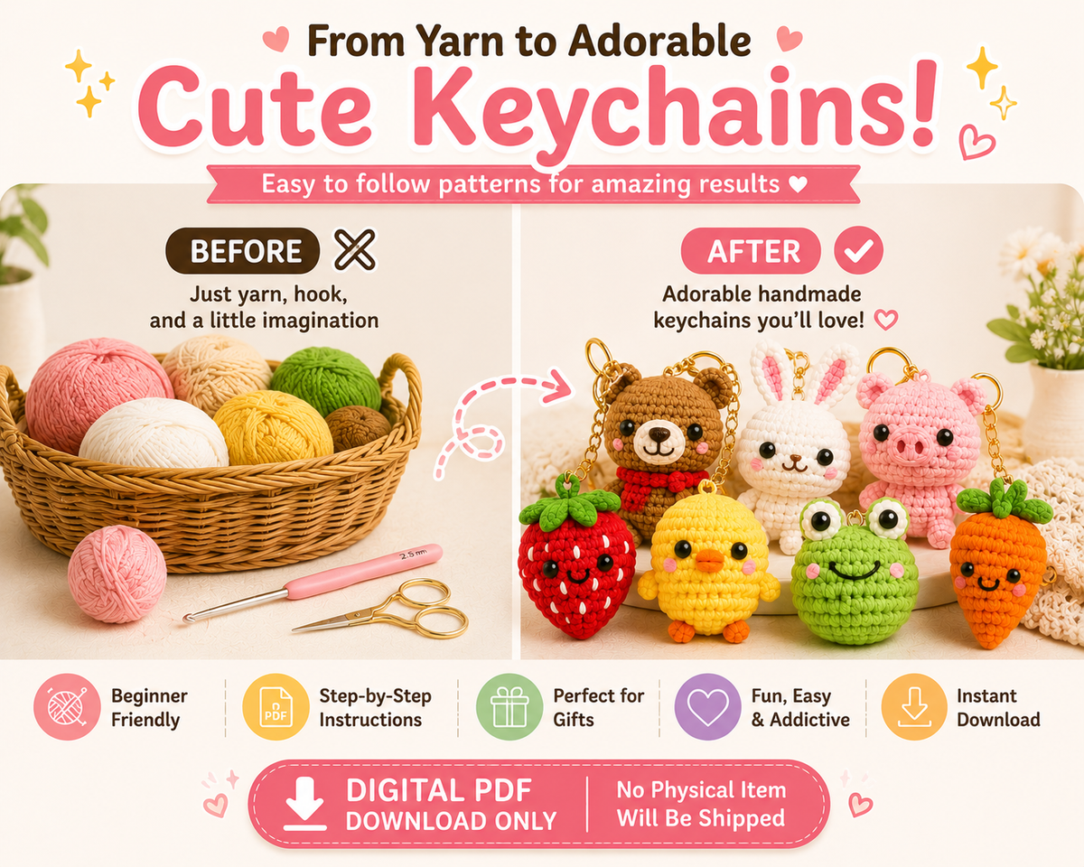 Yarn shown beside finished crochet keychain examples