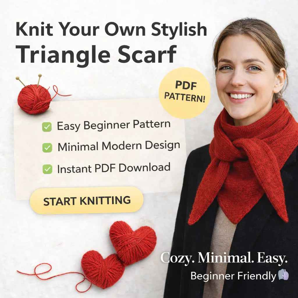 Model wearing a red triangle scarf on the knitting pattern cover