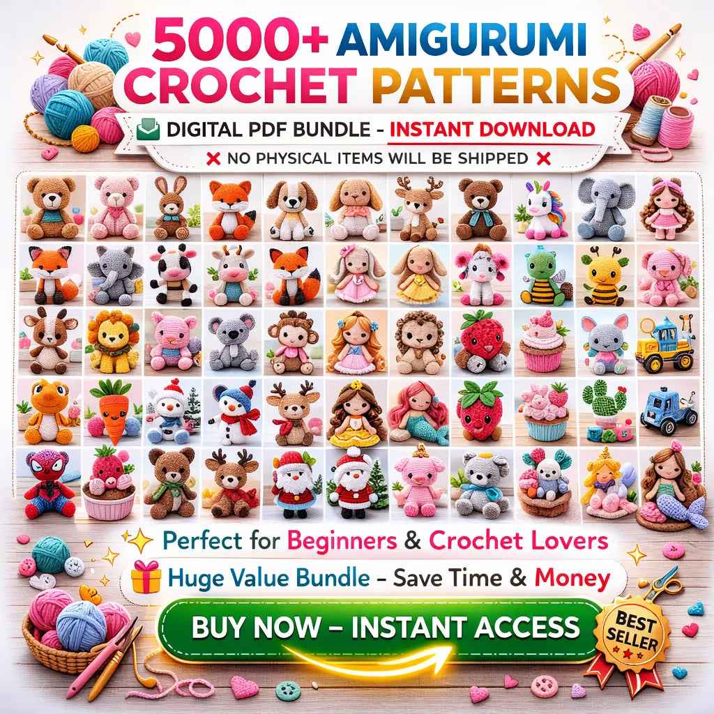 Preview collage of animal designs in the amigurumi crochet PDF bundle