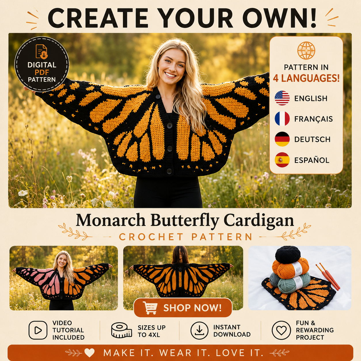 Monarch Butterfly Cardigan Crochet Pattern (PDF) - The Crochet Nok