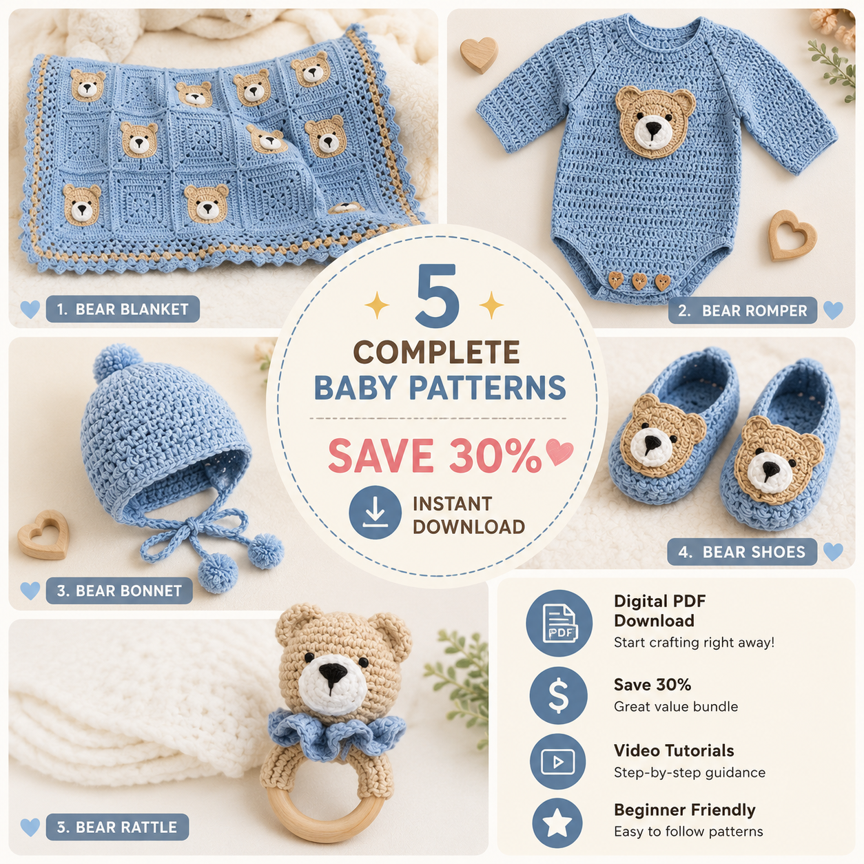 🧸✨ Crochet Baby Bear Set (5 Patterns + Videos) 👶🧶 - The Crochet Nok