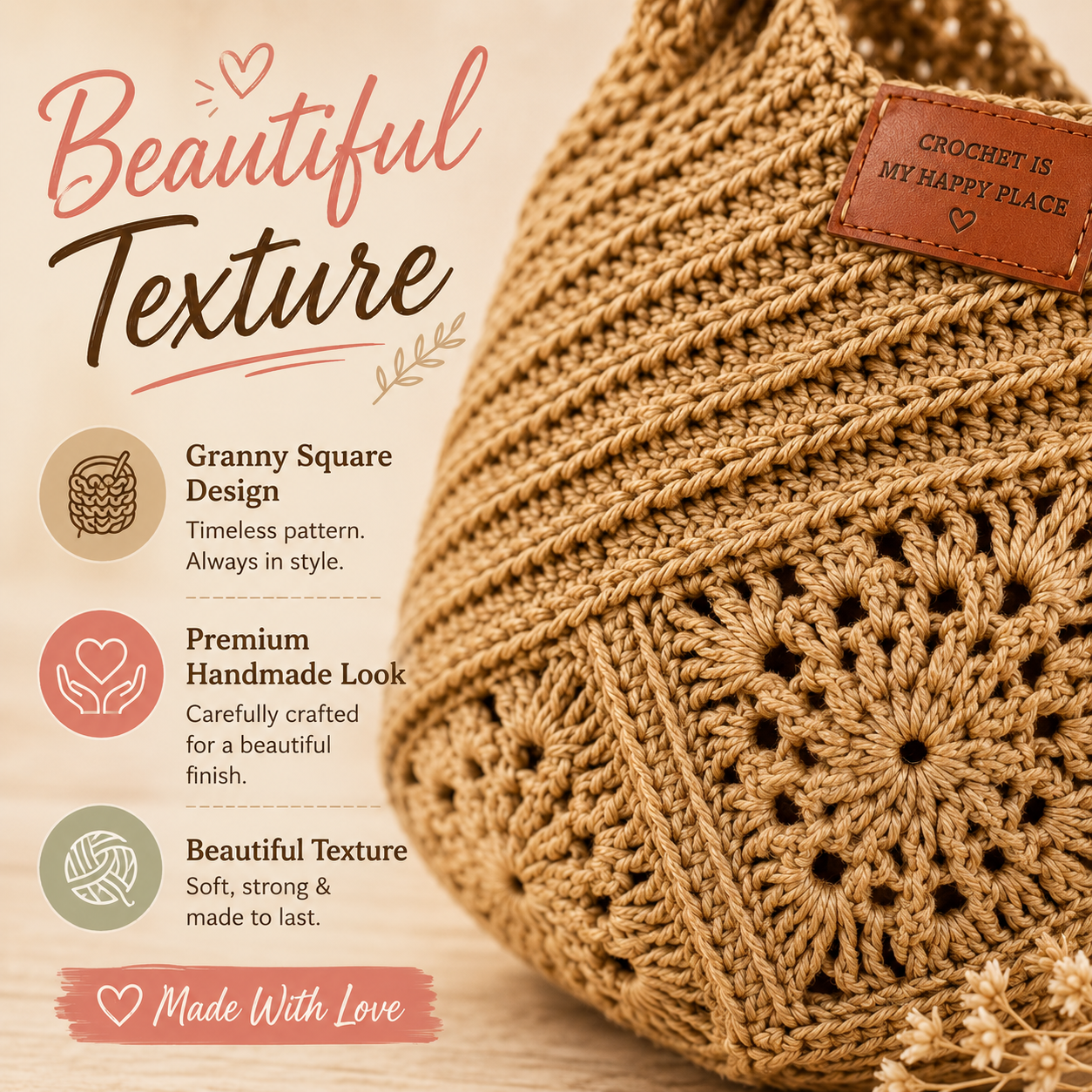 Jute Crochet Bag Pattern - Stylish Granny Square Tote Design - The Crochet Nok