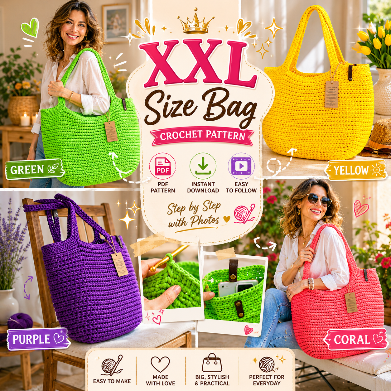 Crochet Bag Pattern XXL size Bag, Pattern PDF - The Crochet Nok