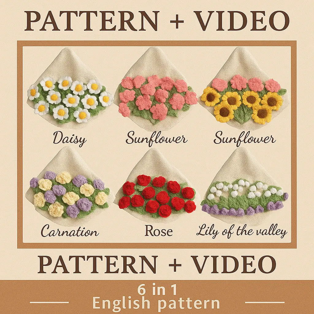 Six flower bouquet blanket designs on a crochet pattern cover