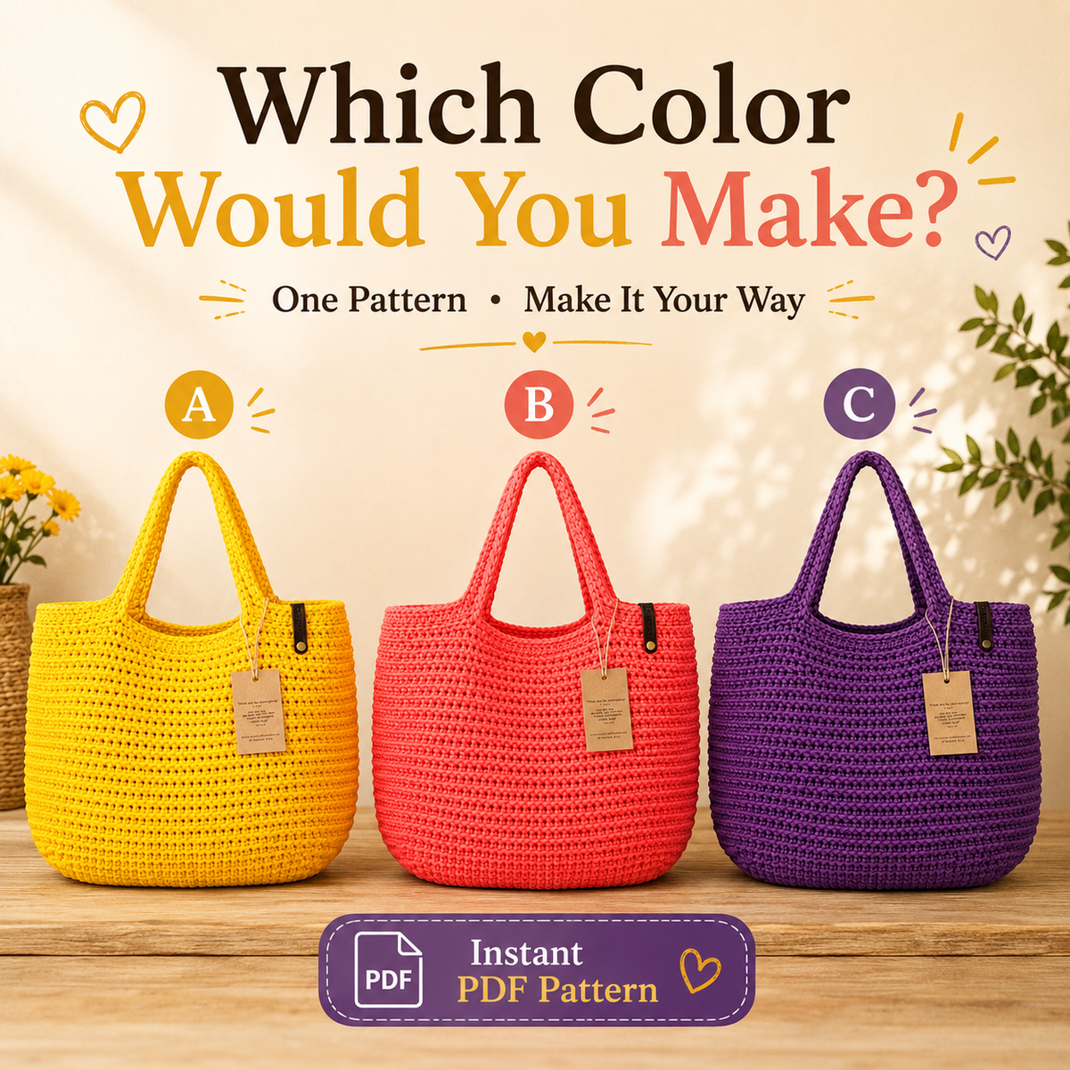 Yellow, coral and purple crochet tote color examples