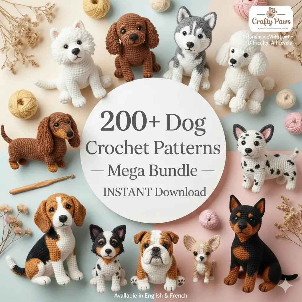 Dog pattern bundle preview showing crochet puppies in several colors and styles
