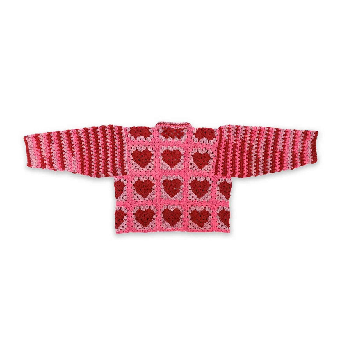 Flat view of crochet cardigan with striped sleeves