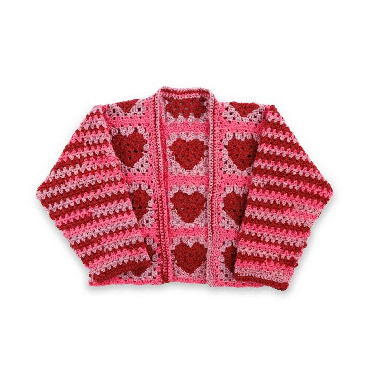 Pink and red crochet cardigan with sleeves folded
