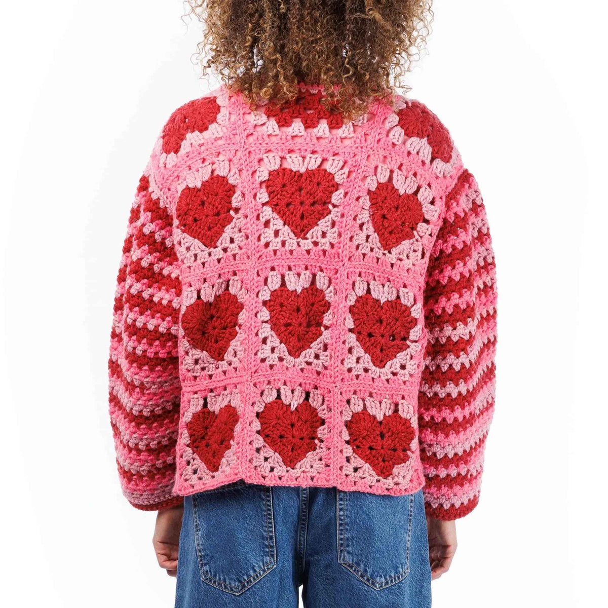 Back view of heart-square crochet cardigan