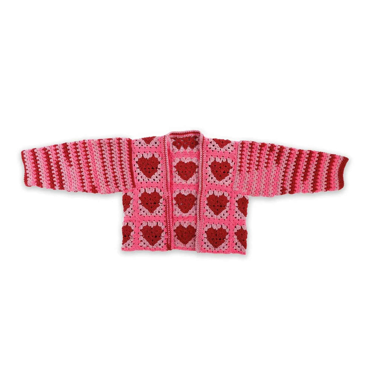 Heart-motif crochet cardigan laid flat with sleeves spread