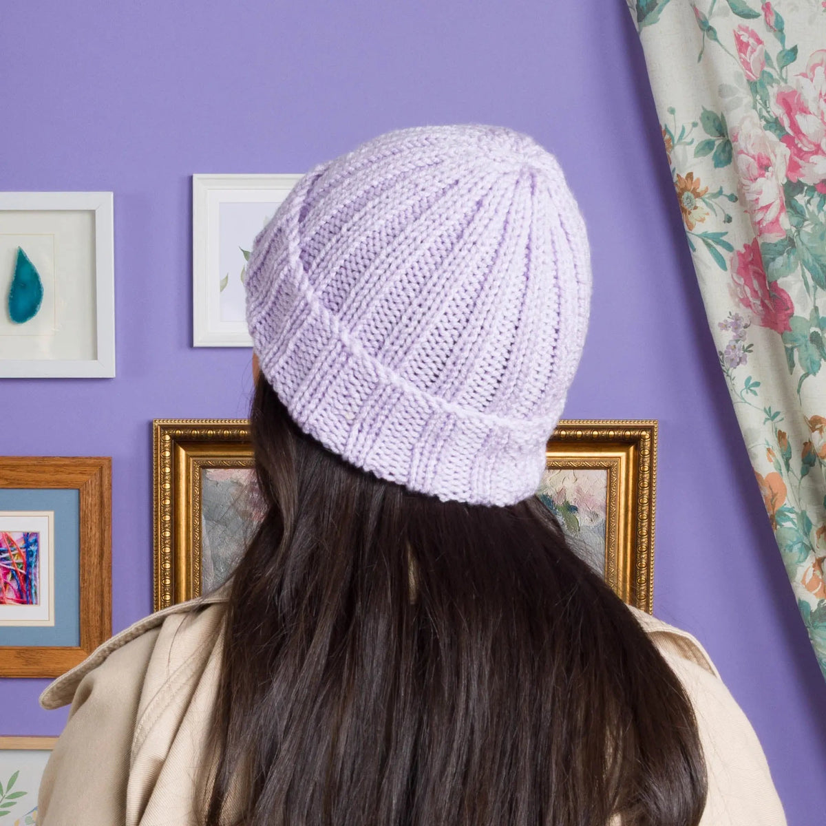 Back view of the lavender knit hat and shaped crown