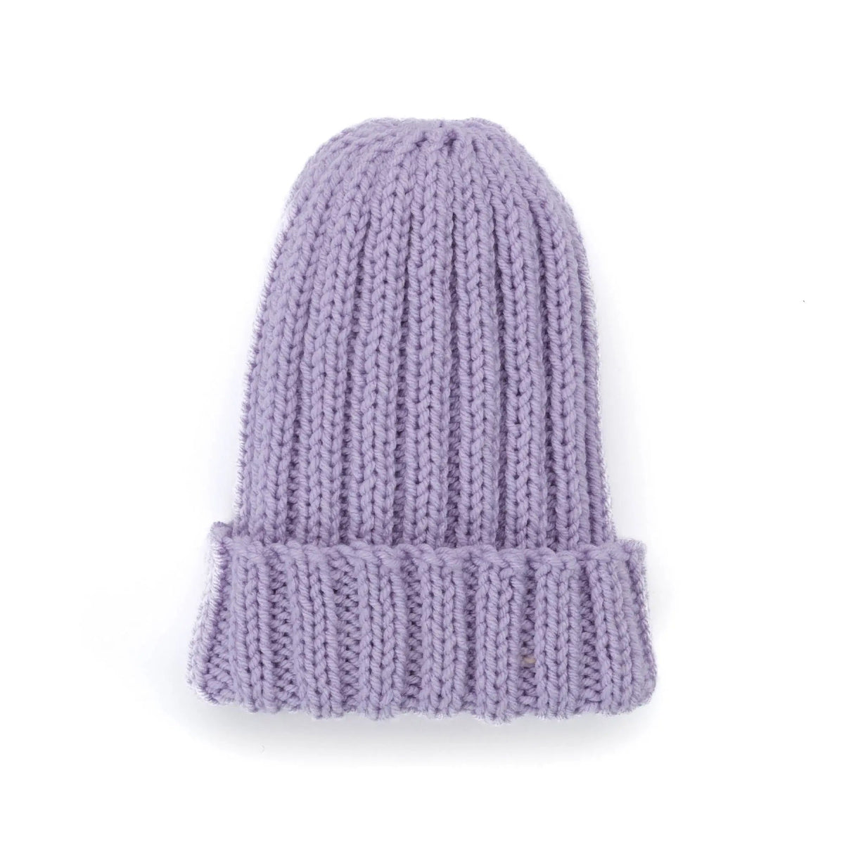 Lavender ribbed knit hat on a white background