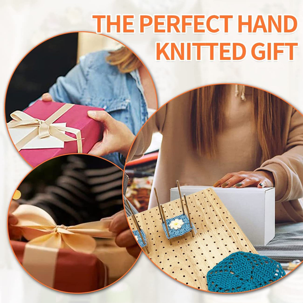 Crochet blocking board shown in a gift-themed graphic