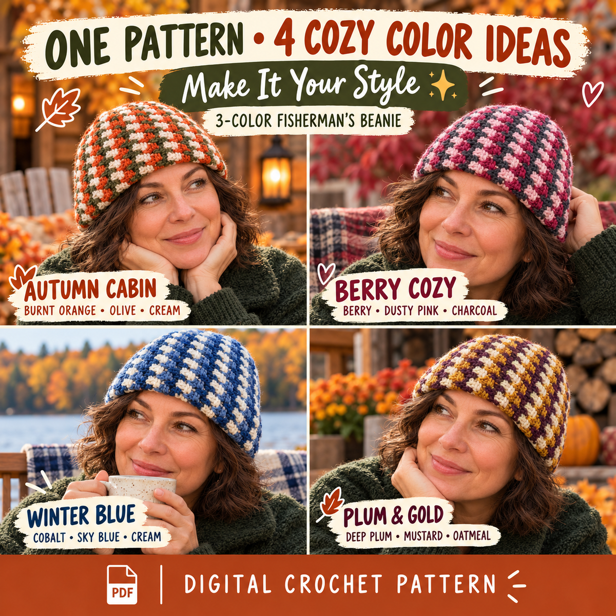 Fisherman beanie crochet pattern with four cozy three-color combinations