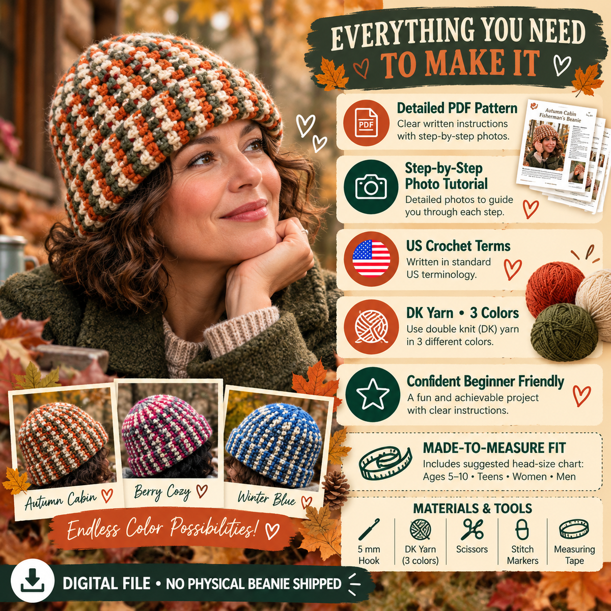 Fisherman beanie crochet pattern PDF with step by step photos DK yarn and made to measure fit