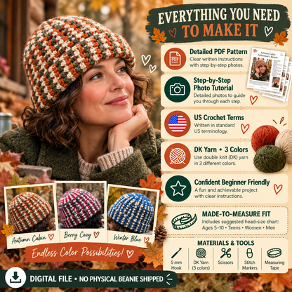 Fisherman beanie crochet pattern PDF with step by step photos DK yarn and made to measure fit