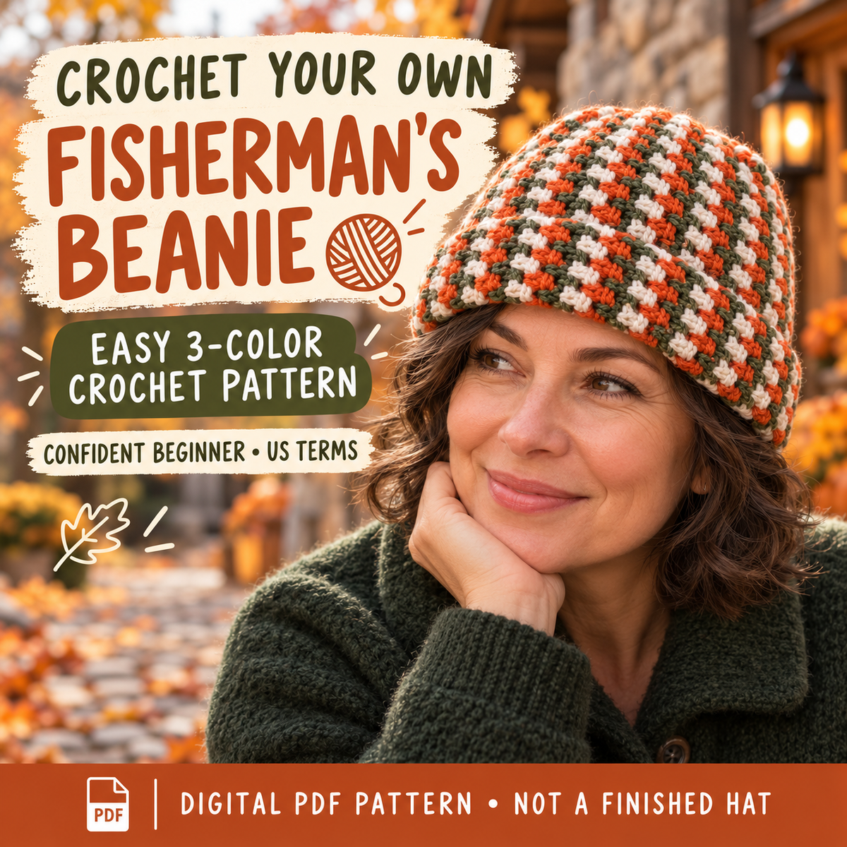 Autumn Cabin Fisherman beanie crochet pattern in burnt orange cream and olive