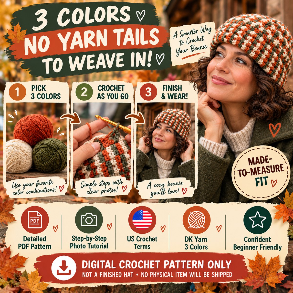Three color fisherman beanie crochet pattern with no yarn tails to weave in