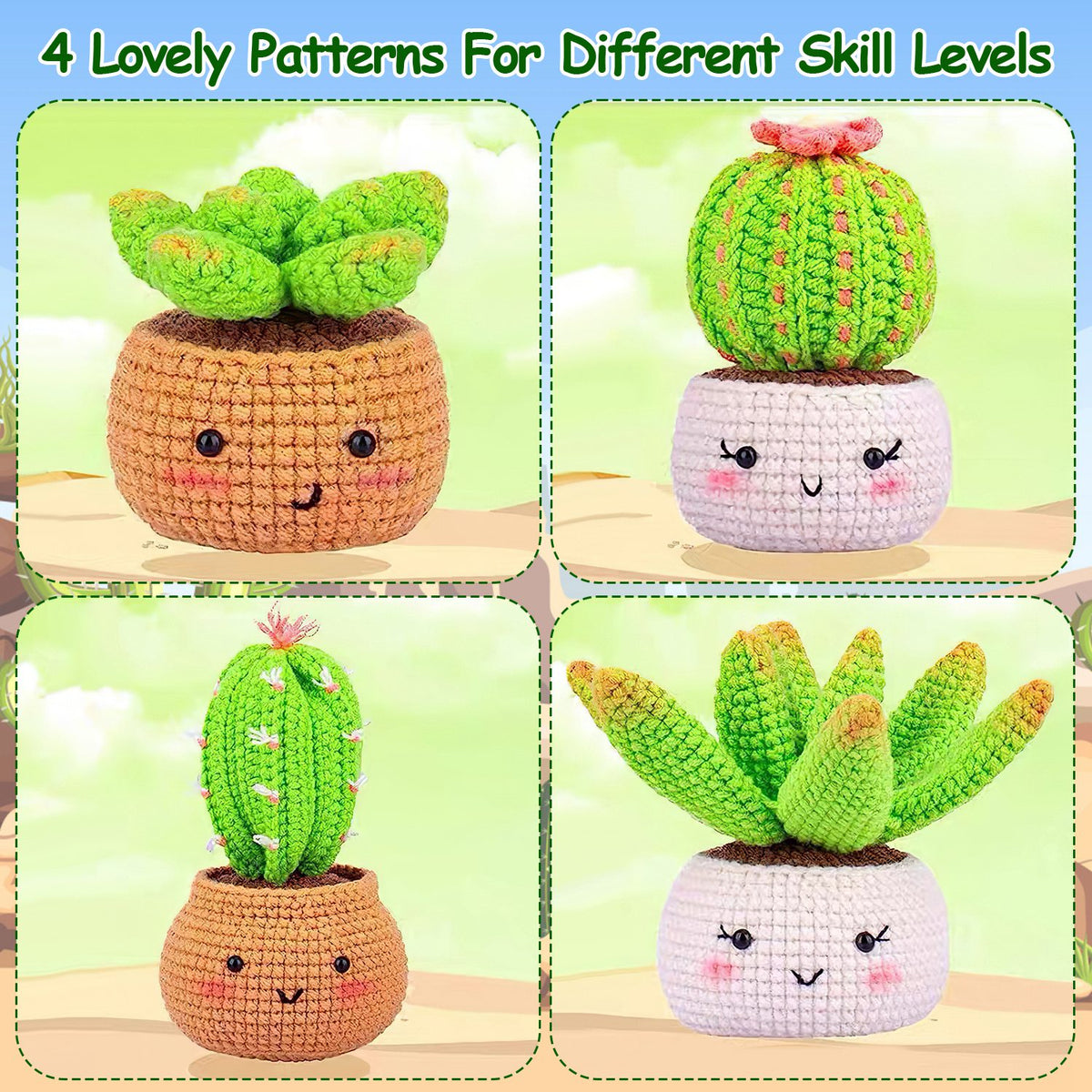 Four crochet succulent plant designs in separate panels