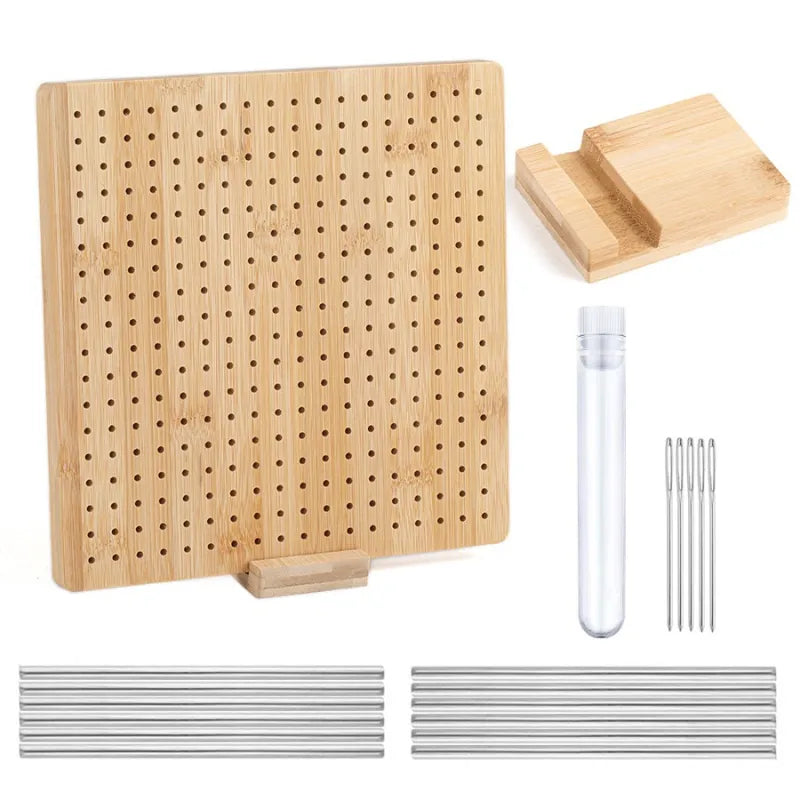 Large wooden granny square blocking board with stand, twelve steel rods and five large-eye needles
