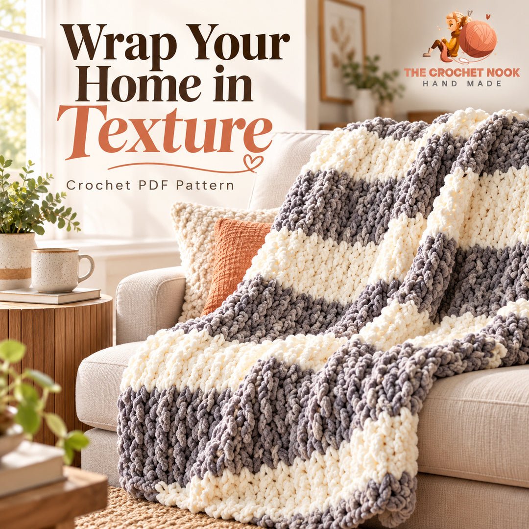 Cloudridge chenille crochet blanket with broad ivory and gray stripes in a cozy living room.