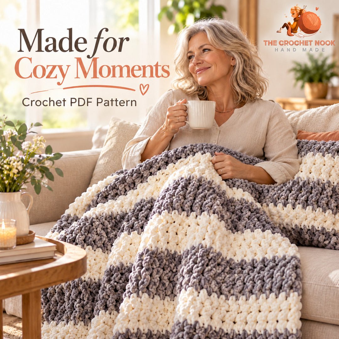 Woman enjoying the finished Cloudridge striped blanket in a comfortable home setting.
