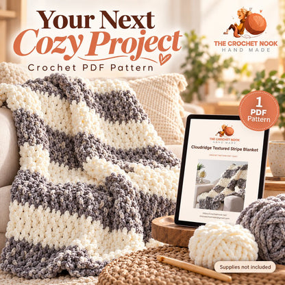 Cloudridge crochet PDF cover preview arranged with the blanket, yarn and a crochet hook.
