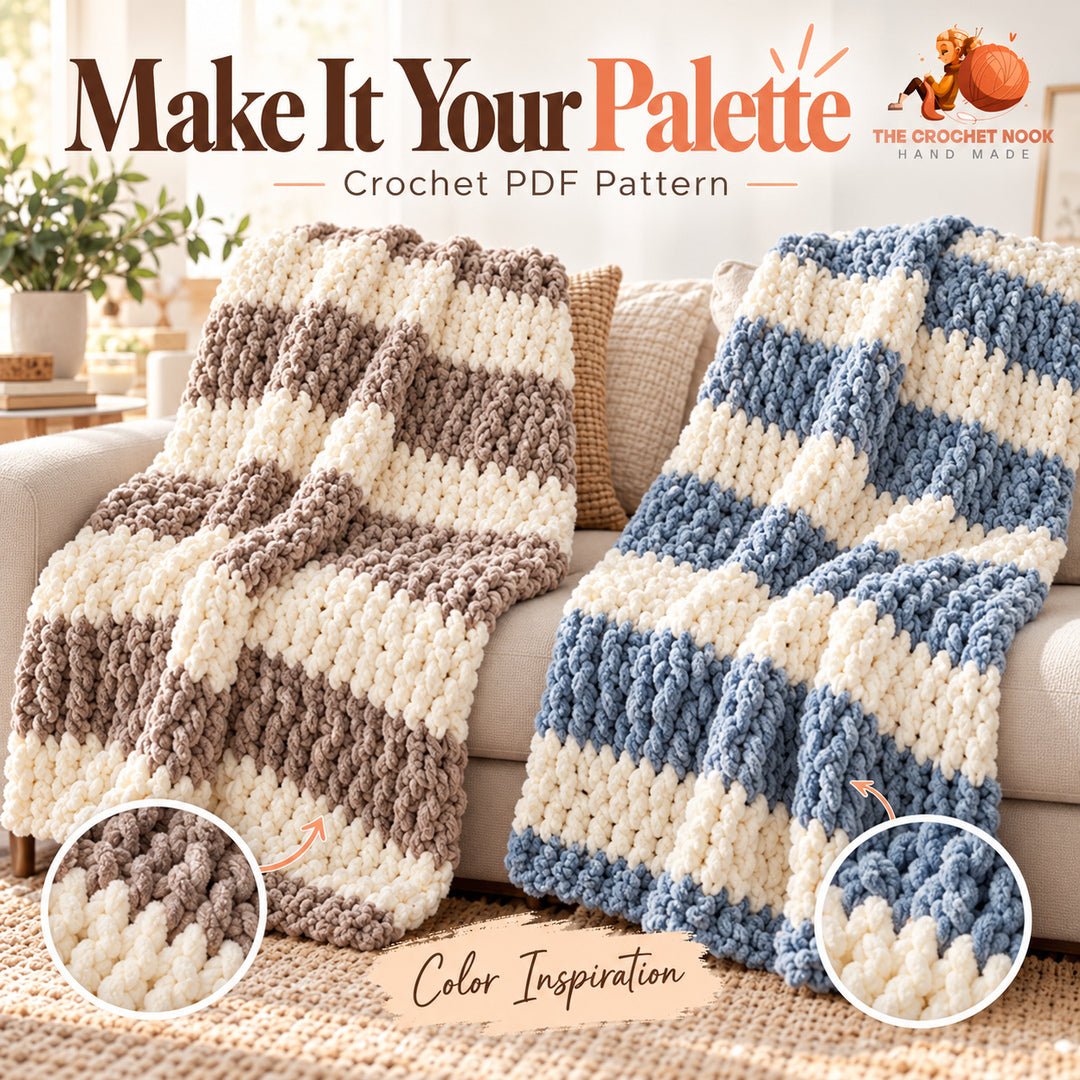 Suggested yarn palettes for the Cloudridge textured striped crochet blanket.