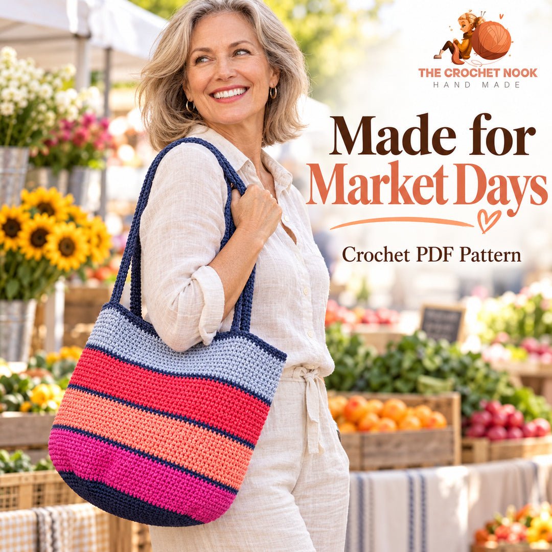 Colorwalk Striped Market Tote — woman with the completed crochet design.