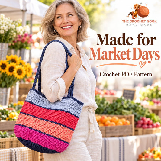 Colorwalk Striped Market Tote — woman with the completed crochet design.
