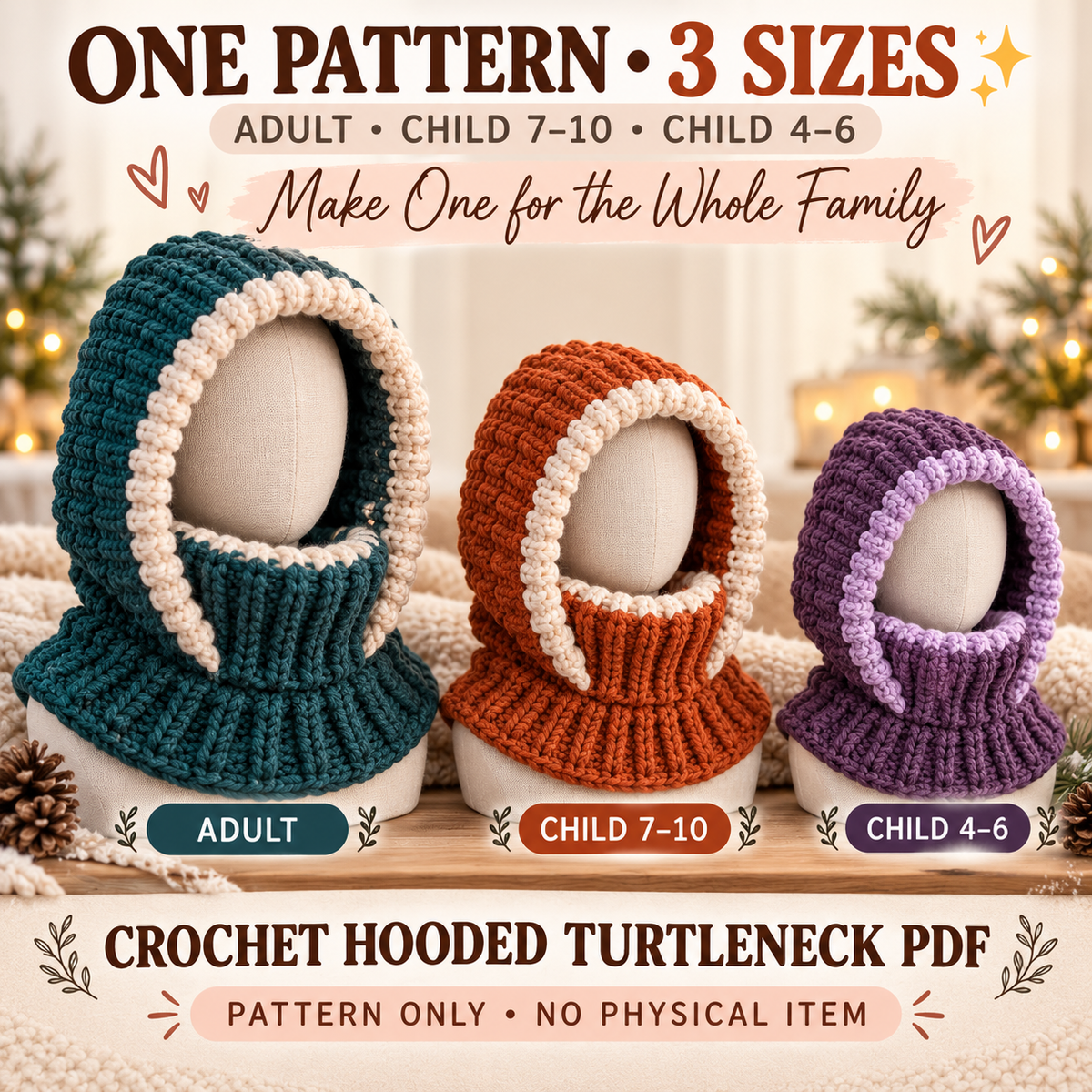 Crochet hooded turtleneck pattern in adult child 7 to 10 and child 4 to 6 sizes