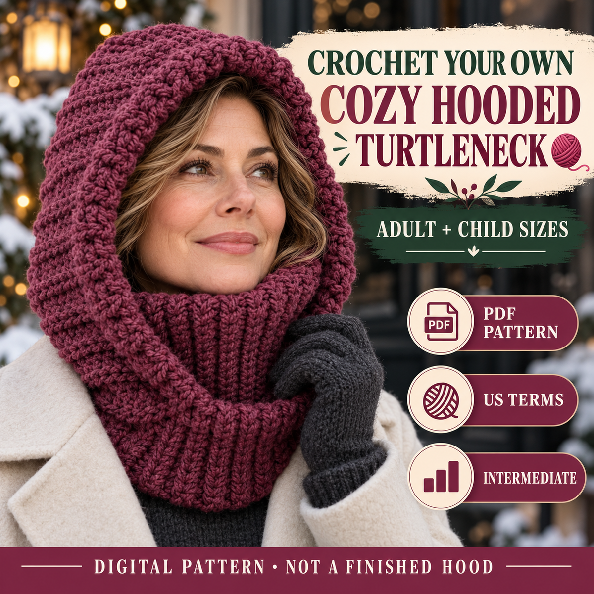 Crochet balaclava turtleneck hoodie pattern in deep berry with adult and child sizes