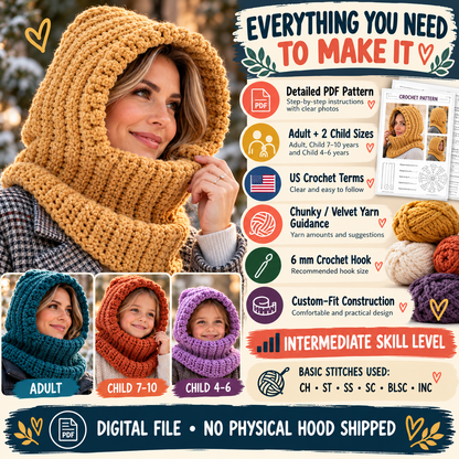Crochet balaclava hoodie PDF pattern with three sizes US terms chunky yarn guidance and 6 mm hook