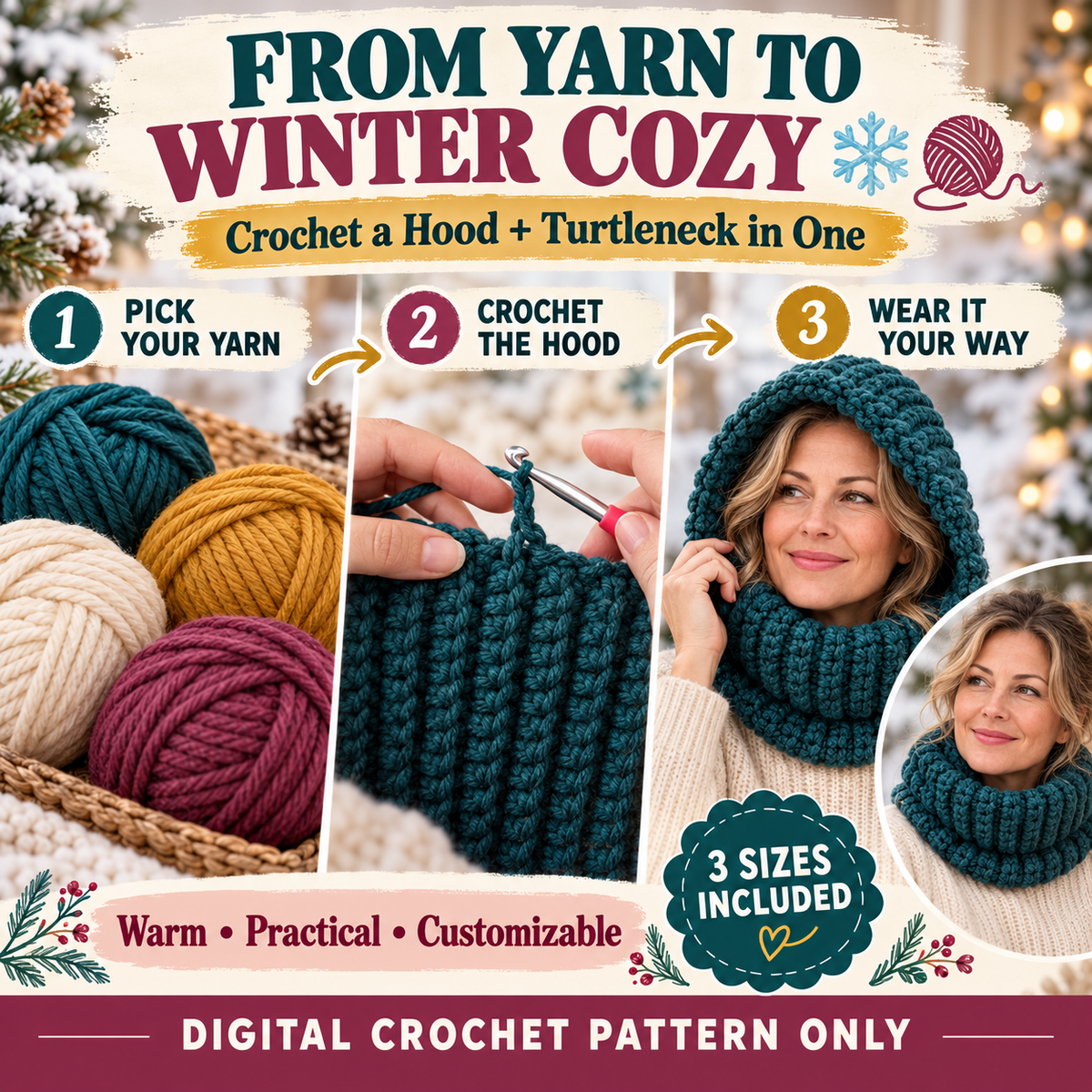 Crochet hooded turtleneck pattern from yarn to finished winter hood and cowl