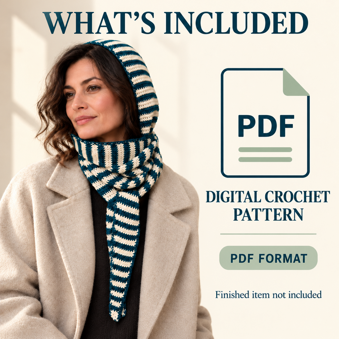 What's Included graphic with a woman wearing a teal-and-ivory crochet hood scarf, a PDF icon, and the labels Digital Crochet Pattern, PDF Format, and Finished item not included.