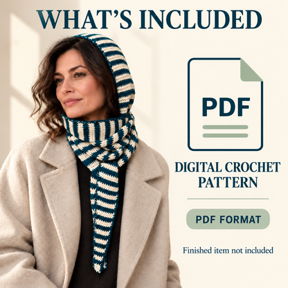 What's Included graphic with a woman wearing a teal-and-ivory crochet hood scarf, a PDF icon, and the labels Digital Crochet Pattern, PDF Format, and Finished item not included.