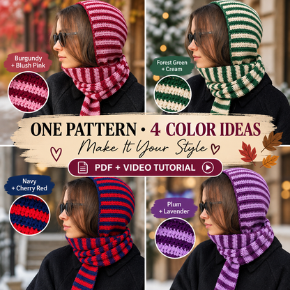 Crochet hooded scarf pattern in four color ideas burgundy green navy and plum