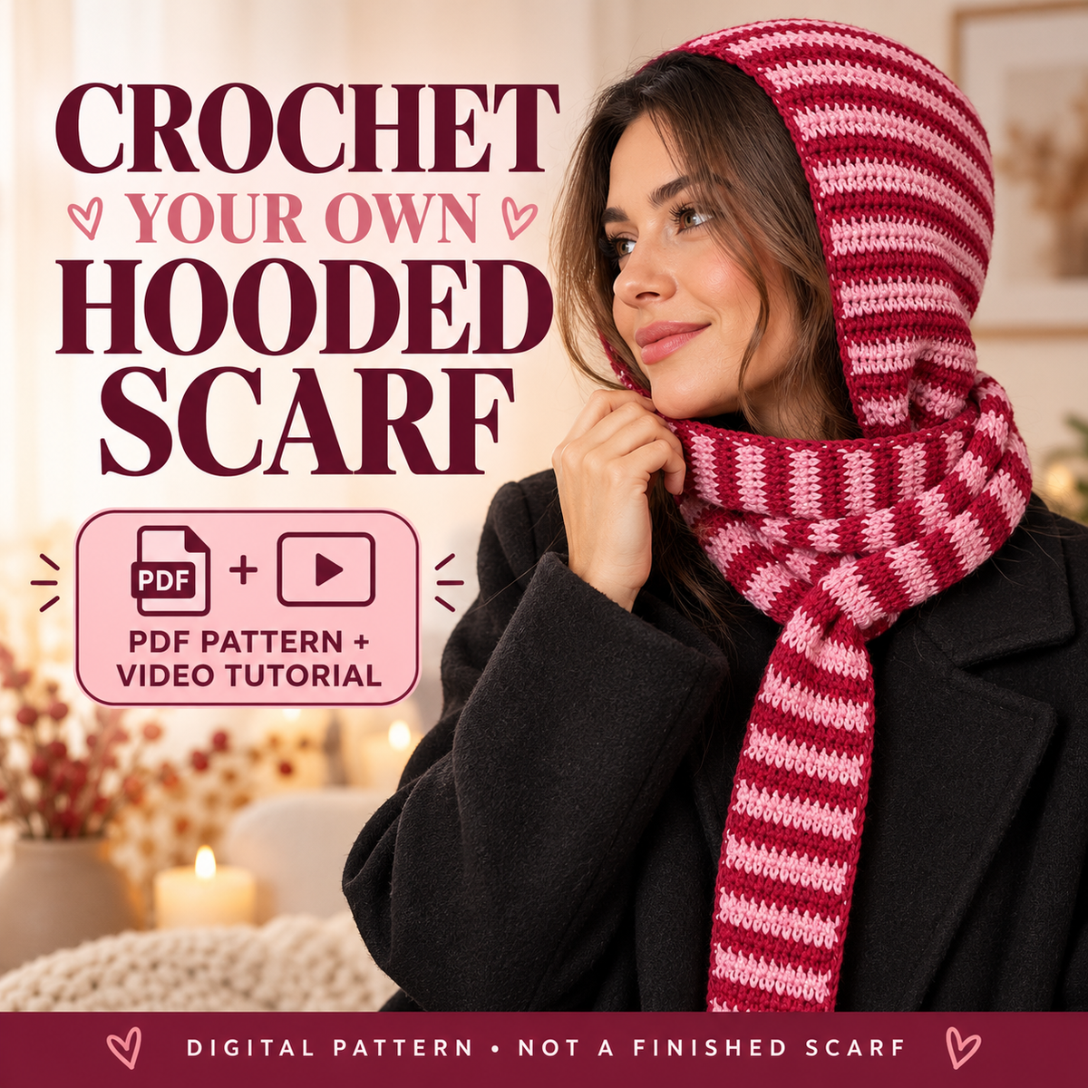 Crochet hooded scarf pattern in burgundy and blush pink with PDF and video tutorial