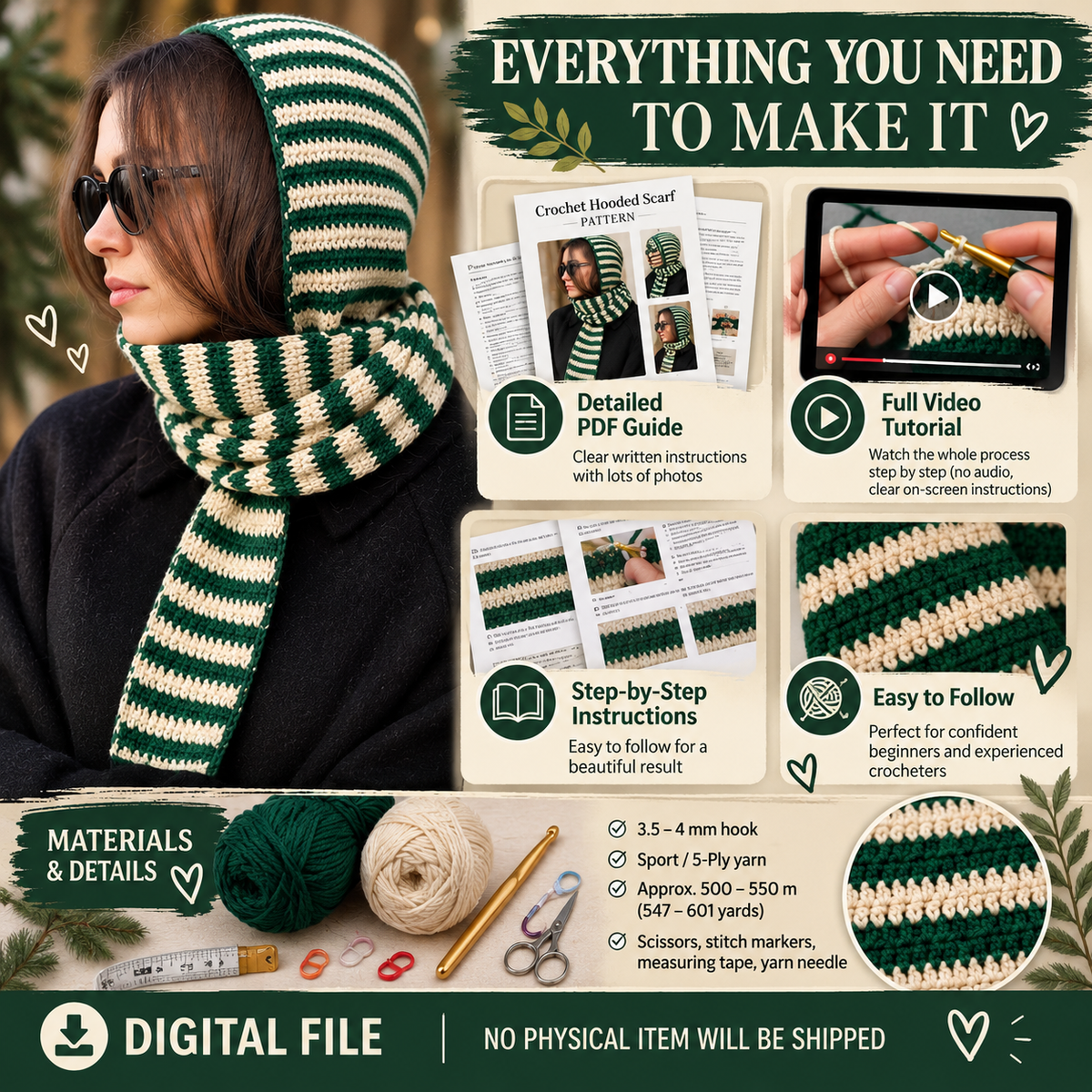 Crochet hooded scarf digital pattern with PDF guide video tutorial and step by step instructions