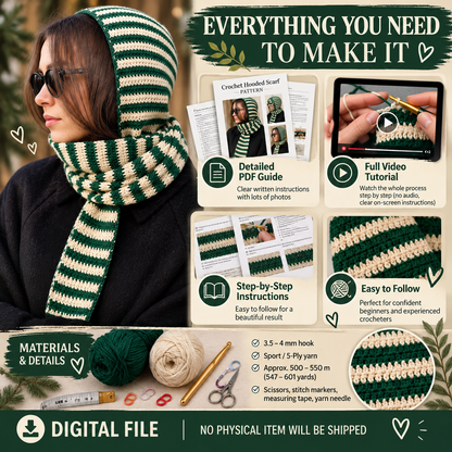 Crochet hooded scarf digital pattern with PDF guide video tutorial and step by step instructions
